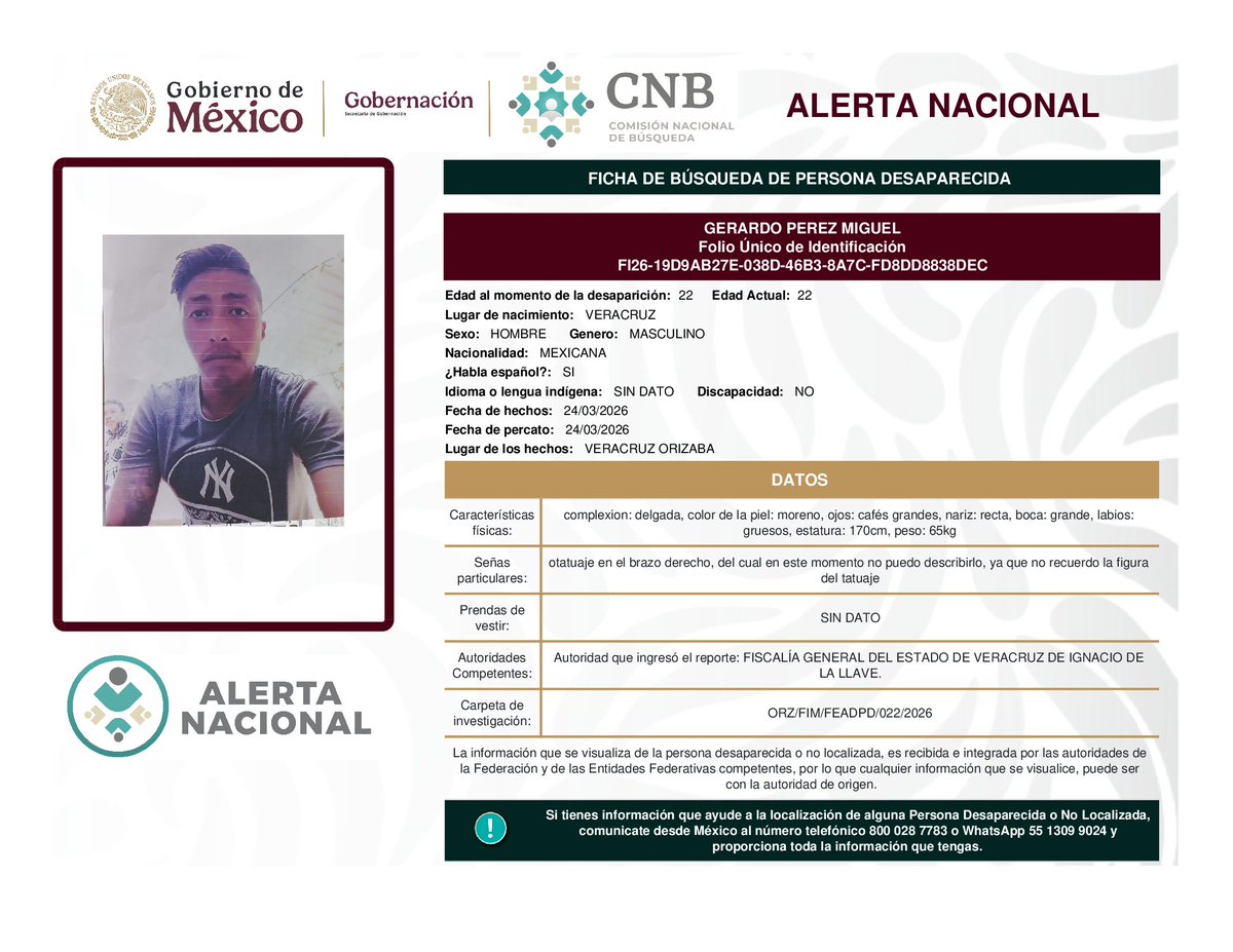 Busqueda_MX's tweet photo. AlertaNacional de Búsqueda  ⚠️
Solicitamos apoyo para localizar a las siguientes personas. 
Si tienes información comunícate.
Desde México: 800 028 77 83
WhatsApp 55 1309 9024
Desde otro país: 182 52 62 31 09 
#Michoacán #Veracruz https://t.co/qZq0znWY6s