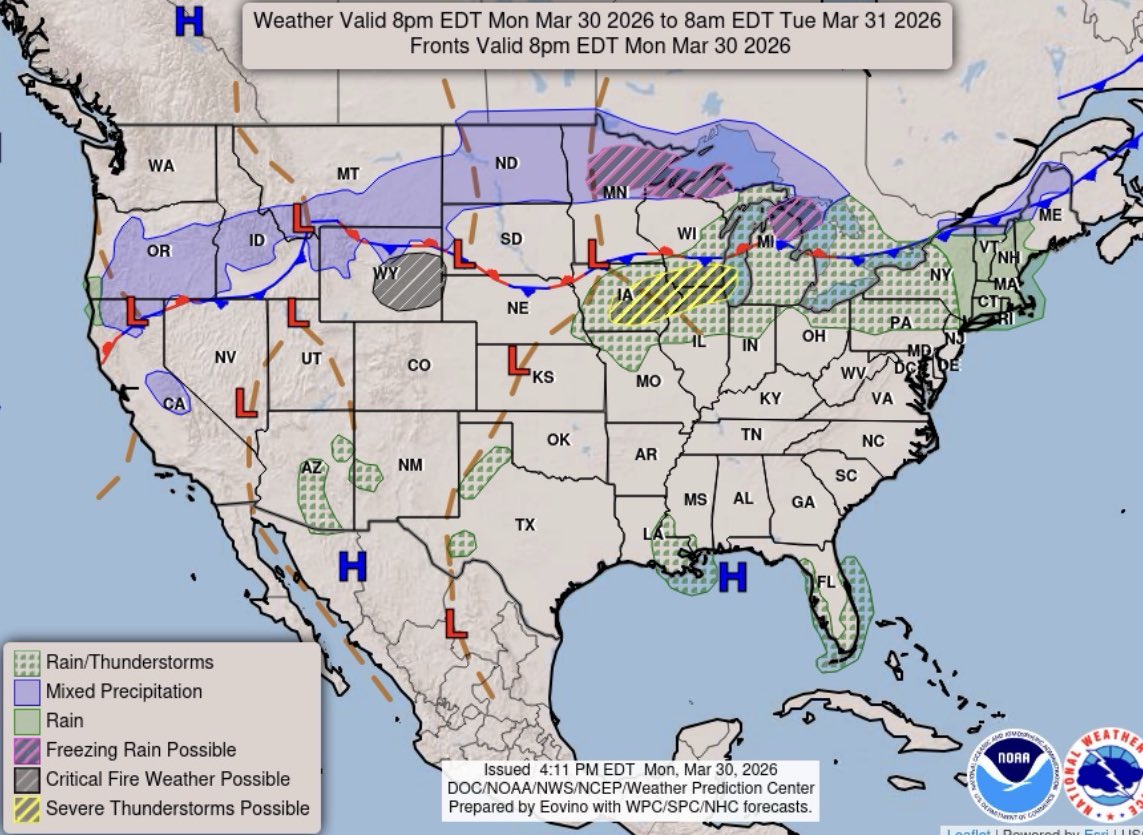 Possibility for thunderstorms tonight and into Tuesday. Main threats include strong winds and large hail. Strong winds are possible with any thunderstorm and have the possibility of damaging property. Remember, be prepared especially as the severe weather season being to ramp up!