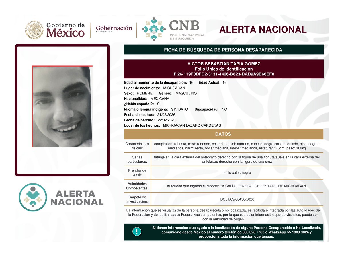 Busqueda_MX's tweet photo. AlertaNacional de Búsqueda  ⚠️
Solicitamos apoyo para localizar a las siguientes personas. 
Si tienes información comunícate.
Desde México: 800 028 77 83
WhatsApp 55 1309 9024
Desde otro país: 182 52 62 31 09 
#Durango #Michoacán https://t.co/OazDC9kftz