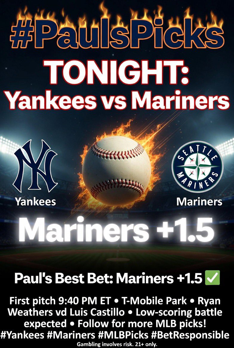 ShadeSalvo's tweet photo. #PaulsPicks

Free pick tonight

New York Yankees (-1.5) @ Seattle Mariners - #TridentsUp Mariners 

More picks per week for subscribers. $1/month. Can’t beat it. Subscribe now before the price goes up to $1,000,000/month https://t.co/mbHEHhedrv