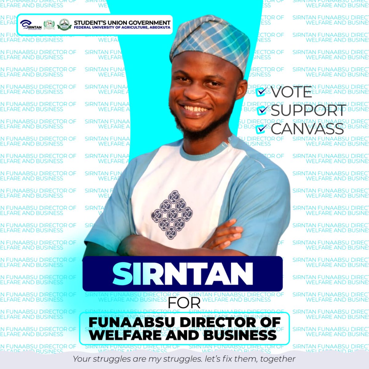 Sirntanbarcri's tweet photo. Your voice matters. Your welfare matters. Your struggle is my struggle. 
Let’s move from "complaining" to "solving."

 VOTE SIRNTAN As your next Funaabsu Director of Welfare and Business.

#SIRNTAN #FUNAABSUG #WelfareAmplified #VoteSIRNTAN https://t.co/2aDvySXleO