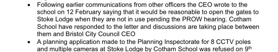 Papers for Public Rights of Way &amp; Greens Cttee show <a href="/BristolCouncil/">Bristol City Council</a> Chief Exec wrote to <a href="/CothamSchool/">Cotham School</a> saying the reasonable thing to do wd be to open gates to Stoke Lodge in the 95% of time they are not using it. 
Cotham School leadership apparently don’t care about that.