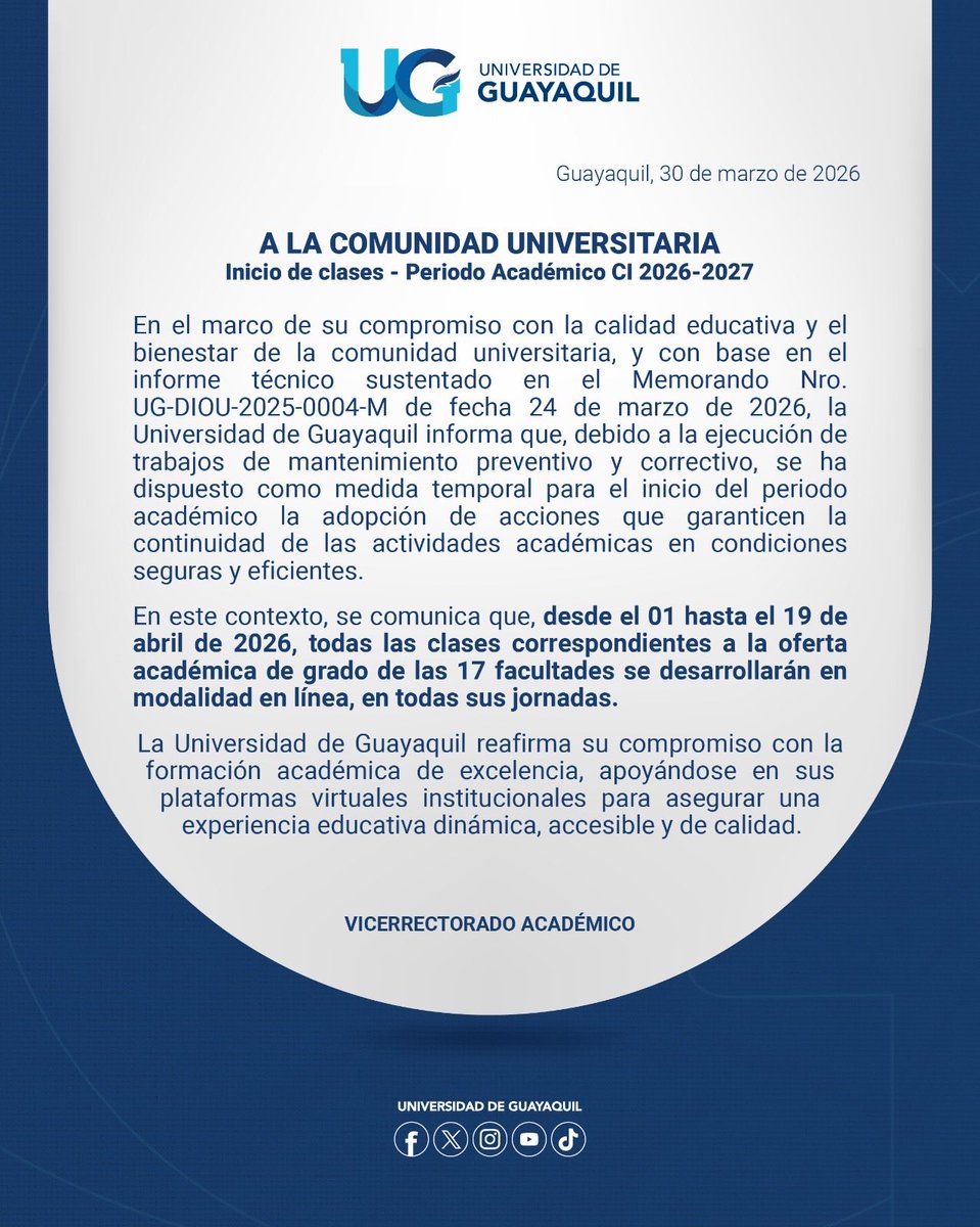 Inicio de Clases - Periodo Académico CI 2026-2027

Informamos a la comunidad estudiantil que, debido a trabajos de mantenimiento en las instalaciones, las clases de grado en las 17 facultades se dictarán en modalidad en línea del 1 al 19 de abril de 2026.