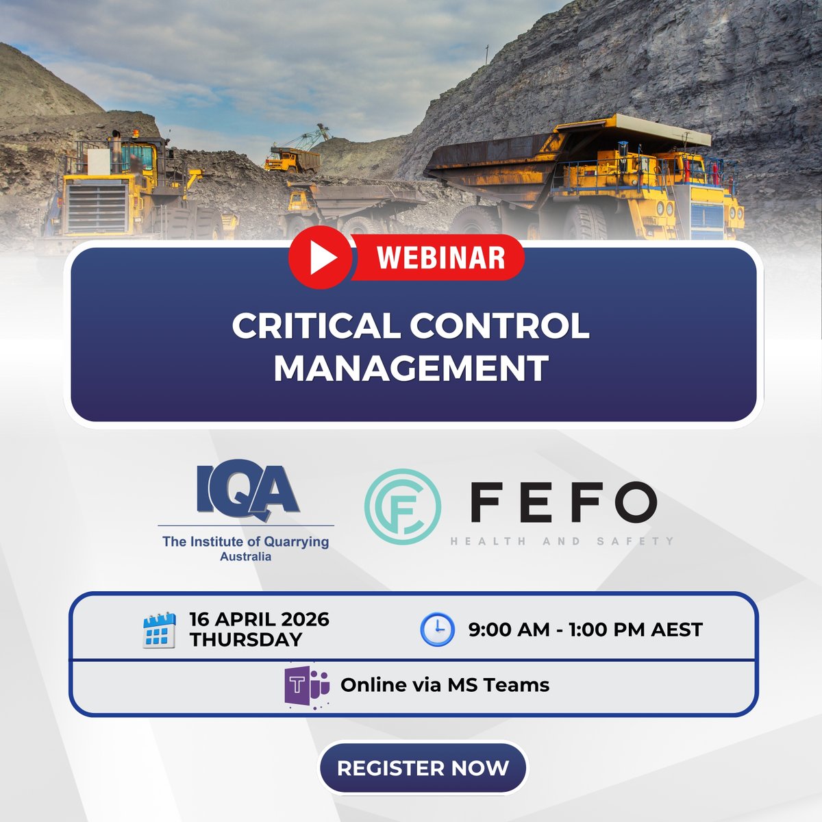 ConsultingFefo's tweet image. FEFO Consulting and IQA will present a webinar on Critical Control Management (CCM), designed to help leaders strengthen critical controls and prevent catastrophic events.

Register here &amp;gt;&amp;gt; quarry.com.au/site/Shared_Co…

#fefo #safetytransformation #criticalcontrolmanagement #CCM