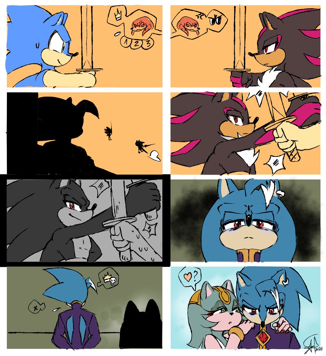 KamuiHand's tweet photo. "Arena"
It's Sonic's moment! He's been training every night! Can't defeat Shadow yet, but he clearly has improved.
Nostalgic flashbacks awakens in the King's mind, and a curious Queen appears.
#shadamy #sonicthehedgehog #shadowxsonic #shadowthehedgehog #comic #sonicau https://t.co/AI2DVjd3HD