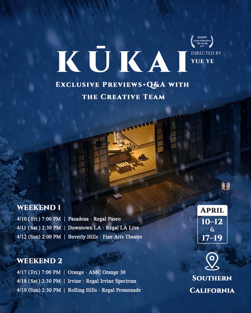 kukaimovie's tweet photo. We’ve arrived in the United States 🇺🇸✨
A journey across the sea that connected two civilizations 🌊

KŪKAI is the first Chinese documentary to present the life and legacy of Kūkai — the Japanese monk who traveled to Tang China as part of the historic Kentōshi mission ⛩️

Filmed over five years across historic sites in China and Japan, the film combines breathtaking cinematography with an immersive visual journey, retracing his remarkable path and revealing a key chapter in cultural exchange — a story best experienced on the big screen 🍿✨

Southern California Preview Screenings · April 2026 📍

Session 1 · Pasadena
📍 Regal Paseo
🗓️ April 10 · 7:00 PM
Session 2 · Los Angeles (DTLA)
📍 Regal LA Live
🗓️ April 11 · 2:30 PM
Session 3 · Beverly Hills
📍 Fine Arts Theatre Beverly Hills
🗓️ April 12 · 2:00 PM
Session 4 · Orange County
📍 AMC Orange 30
🗓️ April 17 · 7:00 PM
Session 5 · Irvine
📍 Regal Irvine Spectrum
🗓️ April 18 · 2:30 PM
Session 6 · Rolling Hills Estates
📍 Regal Promenade
🗓️ April 19 · 2:30 PM
 
Doors open 30 minutes before each screening
 Seats are limited🎫
🔗 Register via the link in bio

#california #losangeles #hollywood #laevents #chineseculture #documentary #irvine #filmcommunity #culturalexchange #indiefilm
