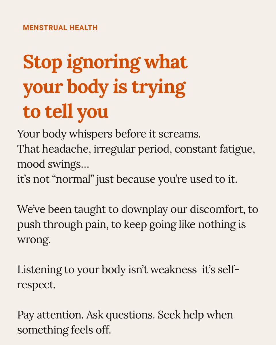 HighgradeN4319's tweet photo. Your body is always talking.
Stop ignoring the signs.
Pay attention before it gets louder.
#Menstrualhealth
#Divachampions
#SangPourSang
@EVA_Nigeria https://t.co/qD9be5dOFD