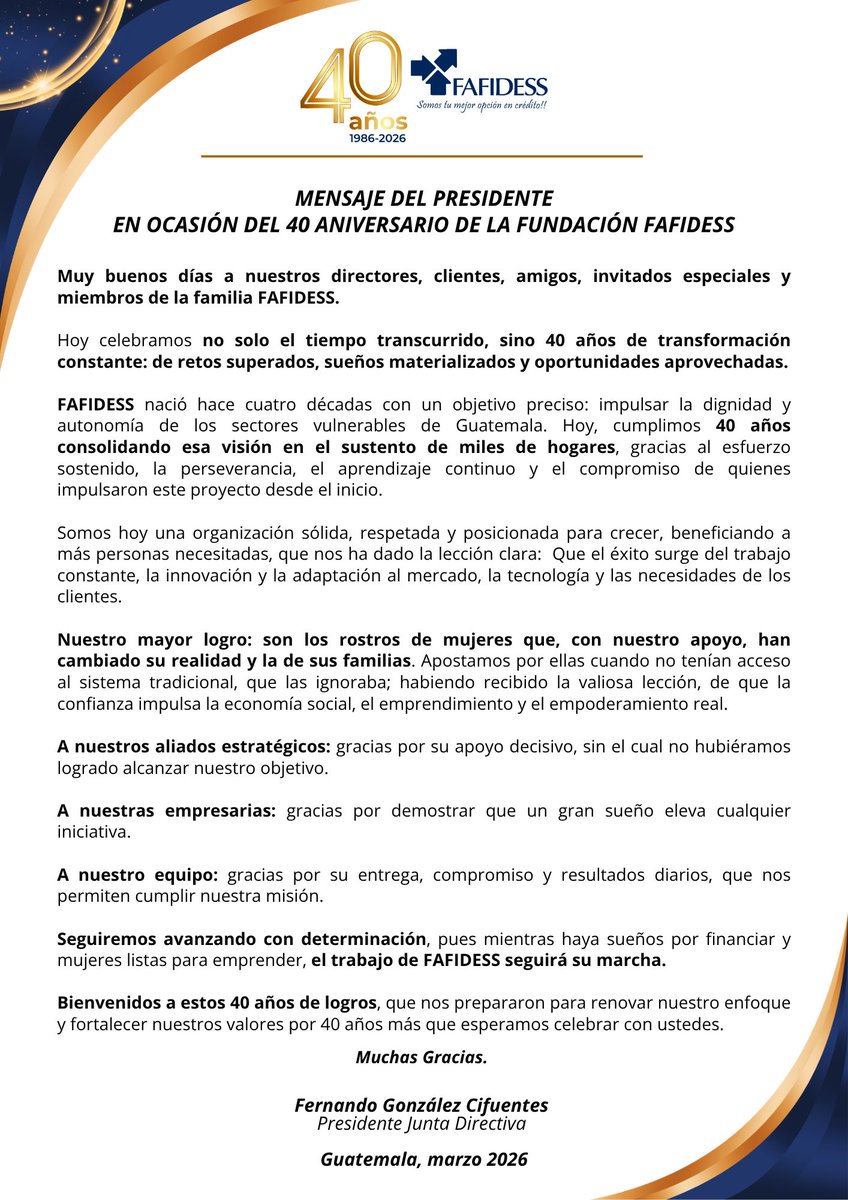 fafidess's tweet photo. 💙 40 años de compromiso que trascienden generaciones.

Hoy compartimos el mensaje de nuestro Presidente, una reflexión que resume el camino recorrido por FAFIDESS: años de esfuerzo, aprendizajes y oportunidades que han transformado la vida de miles de familias guatemaltecas. https://t.co/cZD2gEmBoF