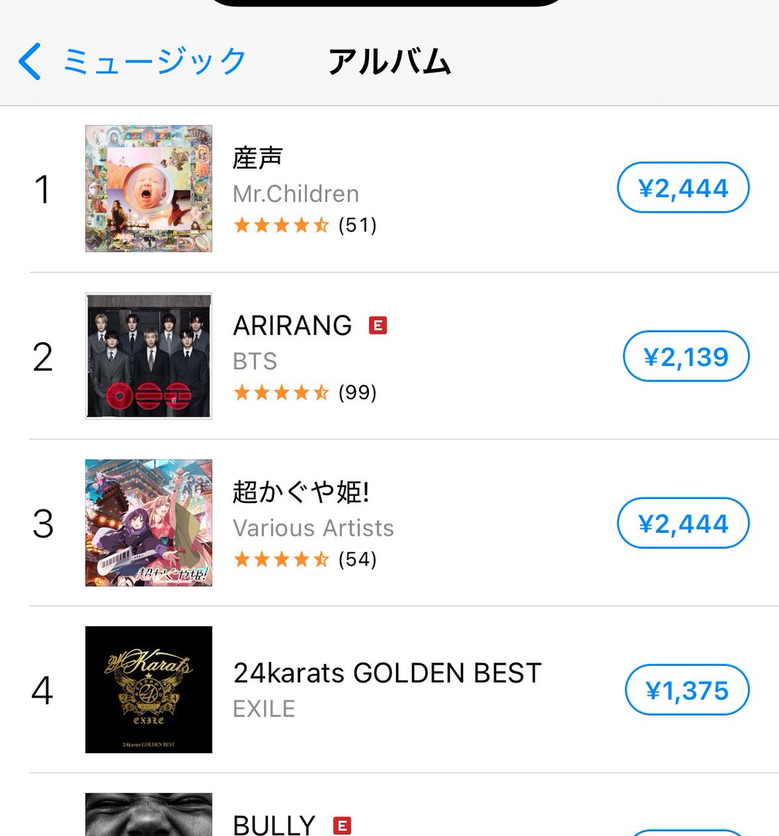 choco_mclv's tweet photo. Mr.Children 産声 オリコン1位おめでとうございます‼︎
こんなに長く好きでいさせてくれてありがとうと言いたい。

そして、露出が増えることで過去作が上に上がってくる様子を見るのも好き。スクショしちゃう。

4月からのtour、どんな曲がくるか楽しみだ✨

#MrChildren  
#産声 https://t.co/SBC2AtEsGk