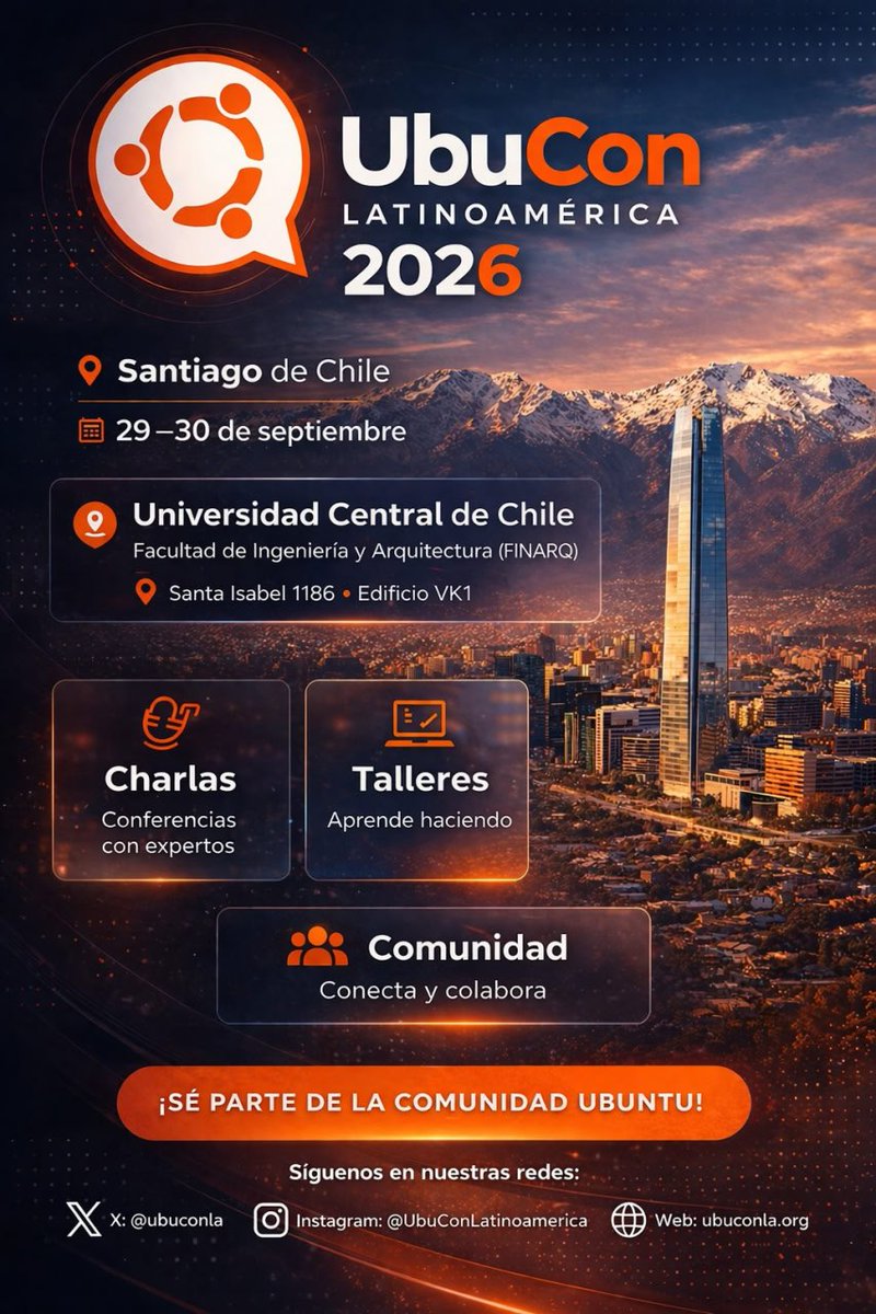 ubuntuco's tweet photo. 📢 ¡Confirmado!

La UbuConLA 2026 ya tiene lugar y fecha 🔥

🏫 Universidad Central de Chile
📍 Facultad de Ingeniería y Arquitectura (FINARQ)

🗓 29 y 30 de septiembre
📌 Santa Isabel 1186, Edificio VK1, Santiago

💻 Dos días de comunidad, tecnología y open source https://t.co/EPXHtixto4