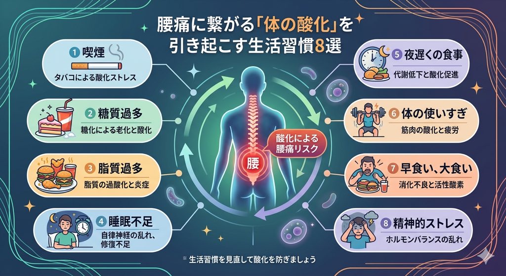 腰痛に繋がる「体の酸化」を引き起こす生活習慣8選

①喫煙
②糖質過多
③脂質過多
④睡眠不足
⑤夜遅くの食事
⑥体の使いすぎ
⑦早食い、大食い
⑧精神的ストレス

筋膜も酸化ストレスがかかると硬くなっていきます。
逆に、整体でのケアと生活習慣が変わればもう怖いものなしです。
