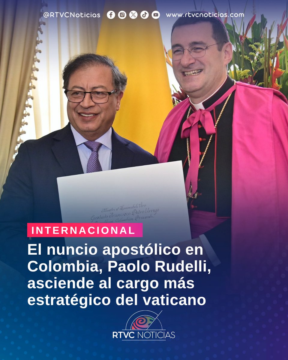 #Internacional ✝️ l El arzobispo Paolo Rudelli, que representaba al Vaticano en Colombia desde 2023, fue nombrado Sustituto para los Asuntos Generales de la Secretaría de Estado, uno de los puestos de mayor influencia en la Santa Sede. 

👉🗞️ Más detalles en: