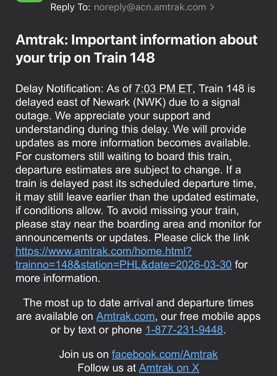 Billy323's tweet photo. @AmtrakNECAlerts  for context, train 148 was supposed to arrive at NYP at 6:24p
We finally got an email at 7:03p about the delay https://t.co/4VeftTnLkn
