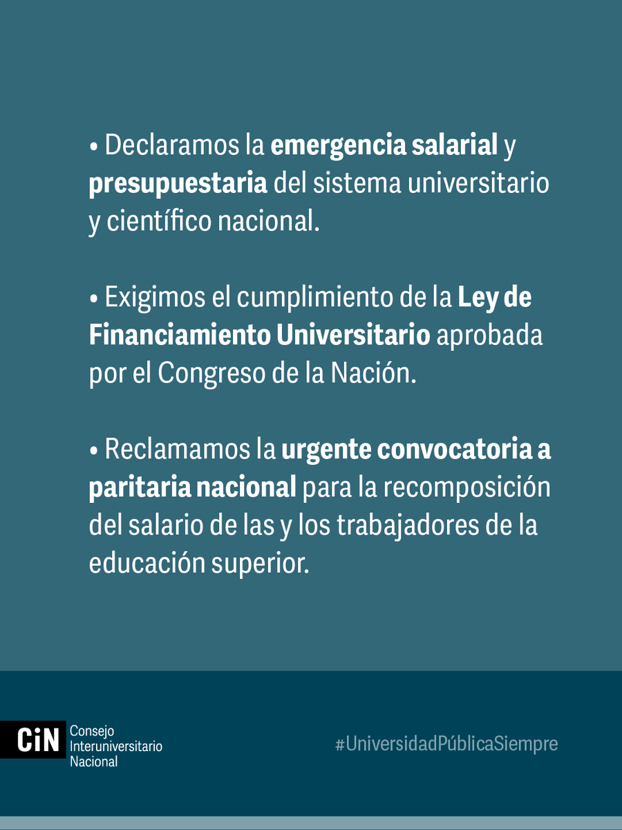 Declaramos la emergencia salarial y presupuestaria del sistema universitario y científico.

Exigimos el cumplimiento de la Ley de Financiamiento Universitario aprobada por el Congreso.

Reclamamos la urgente convocatoria a paritaria nacional.

#UniversidadPúblicaSiempre