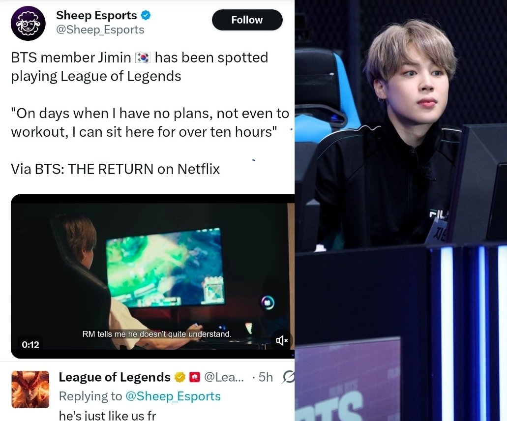 PJM_data's tweet image. League of Legends official Twitter account reacted to a post about Park Jimin playing the game, saying:
 
“he’s just like us fr.”

Jimin’s gamer era might just be starting, we love to see it!  🎮

#JIMIN #지민 @BTS_twt