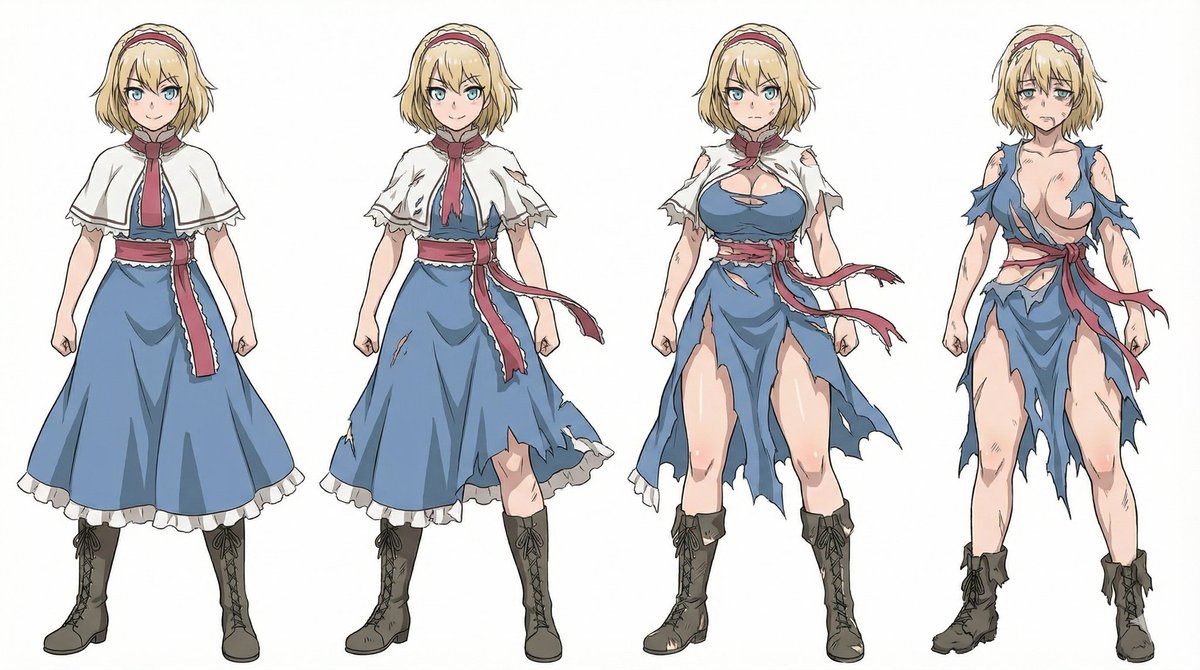 アリスさん。
衣装の損壊度という概念を提案する試み。損壊度0,30,60,90%の比較画像。 