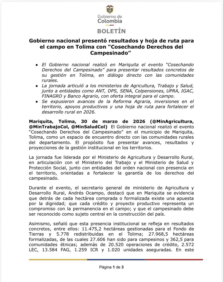 MinAgricultura's tweet image. #BoletínDePrensa 📰 | Ante el campesinado del #Tolima, el Gobierno nacional llevó a cabo “Cosechando Derechos del Campesinado”, 👩🏽‍🌾👨🏻‍🌾 un encuentro en el que se presentaron avances, resultados y proyecciones de la #RevoluciónPorLaVida ❤️ en el territorio.

Este espacio reafirma que