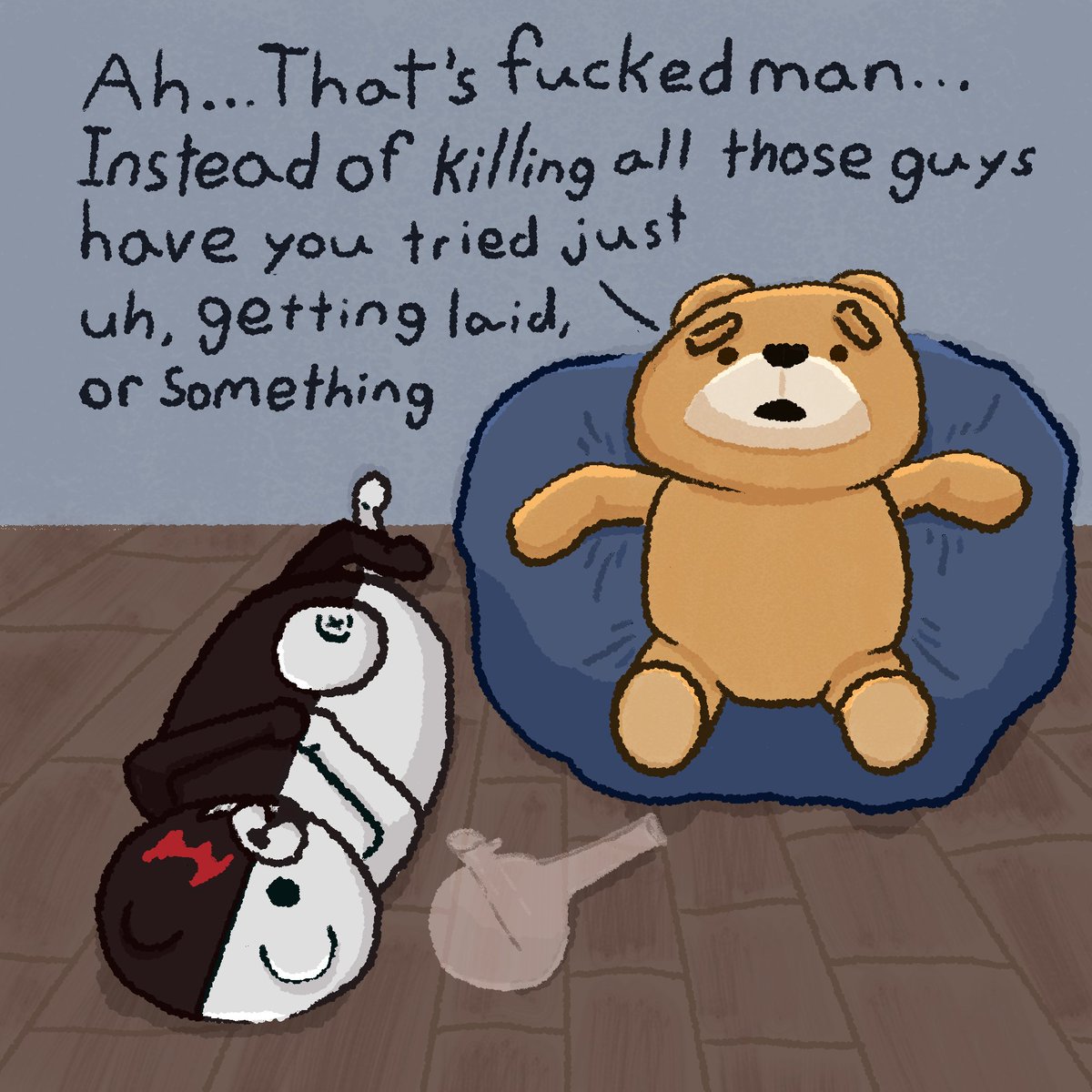 im a little late to the bit but i felt compelled to draw this while rewatching ted season 1. sorry if this isn't lore accurate i only finished trigger happy havoc so far #ted #monokuma #danganronpa