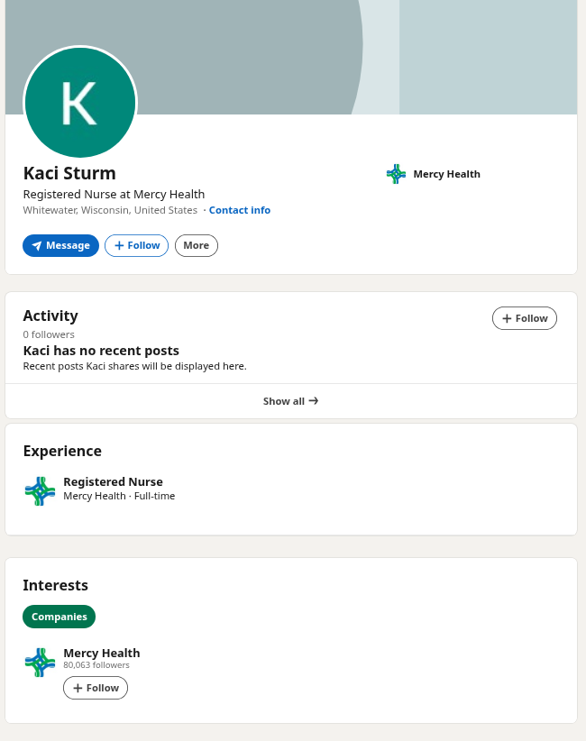thefoxyhyena's tweet photo. Meet Kaci aka kace_face_0, St Louis, MO. 
She's listed as a registered nurse for Mercy Health in Whitewater, WI. https://t.co/v8MxJDfIaK