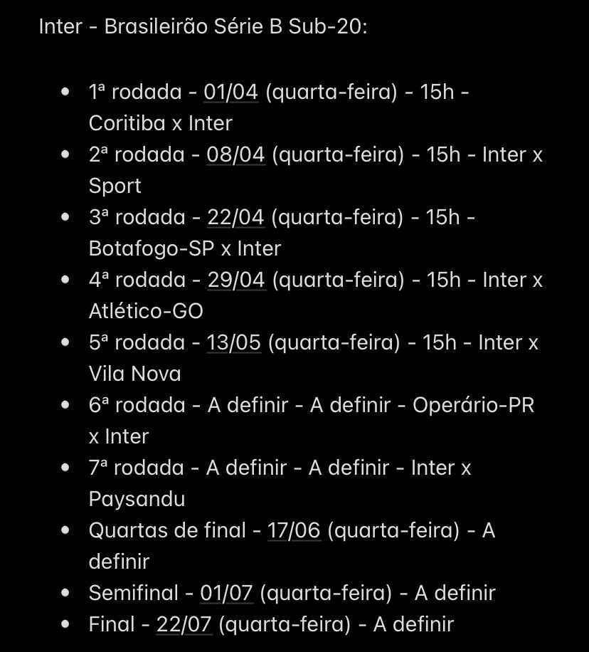 Tabela do Inter no Brasileirão Sub-20 Série B. Estreia nesta quarta (01/04), contra o Coritiba. 👇

A 1ª fase tem dois grupos (A e B), e os 4 melhores de cada avançam. Depois, quartas, semi e final.

Sobem para a Série A: campeão, vice e 3º colocado.