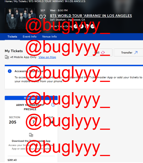 buglyyy_'s tweet photo. [WTT] BTS Arirang Tour

Have: LA SoFi Stadium - Sept 2 - Section 205 Row 7
FV $287.40

Want: Stanford Day 1 or 2 - Equivalent 100 or 200 level
Willing to pay for difference up to $200 :)

PayPal G&amp;S only, willing to ft during trade! pls dm if interested!!

(crossposted to reddit) https://t.co/pc5I7fX9pi