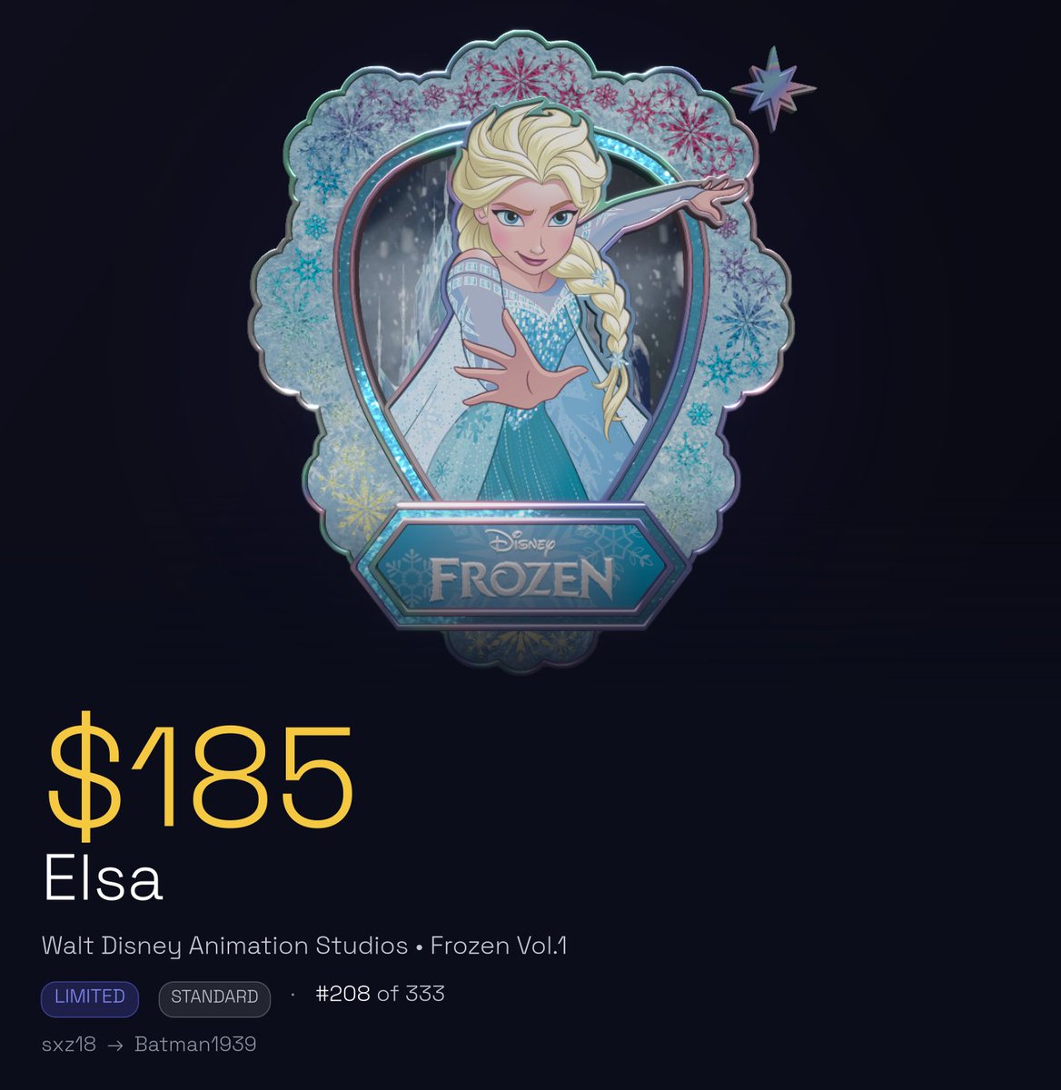 PinnaclePinBot's tweet photo. $185 — Elsa just sold on @DisneyPinnacle
https://t.co/0zJalzntel https://t.co/qk4vCeMdC6