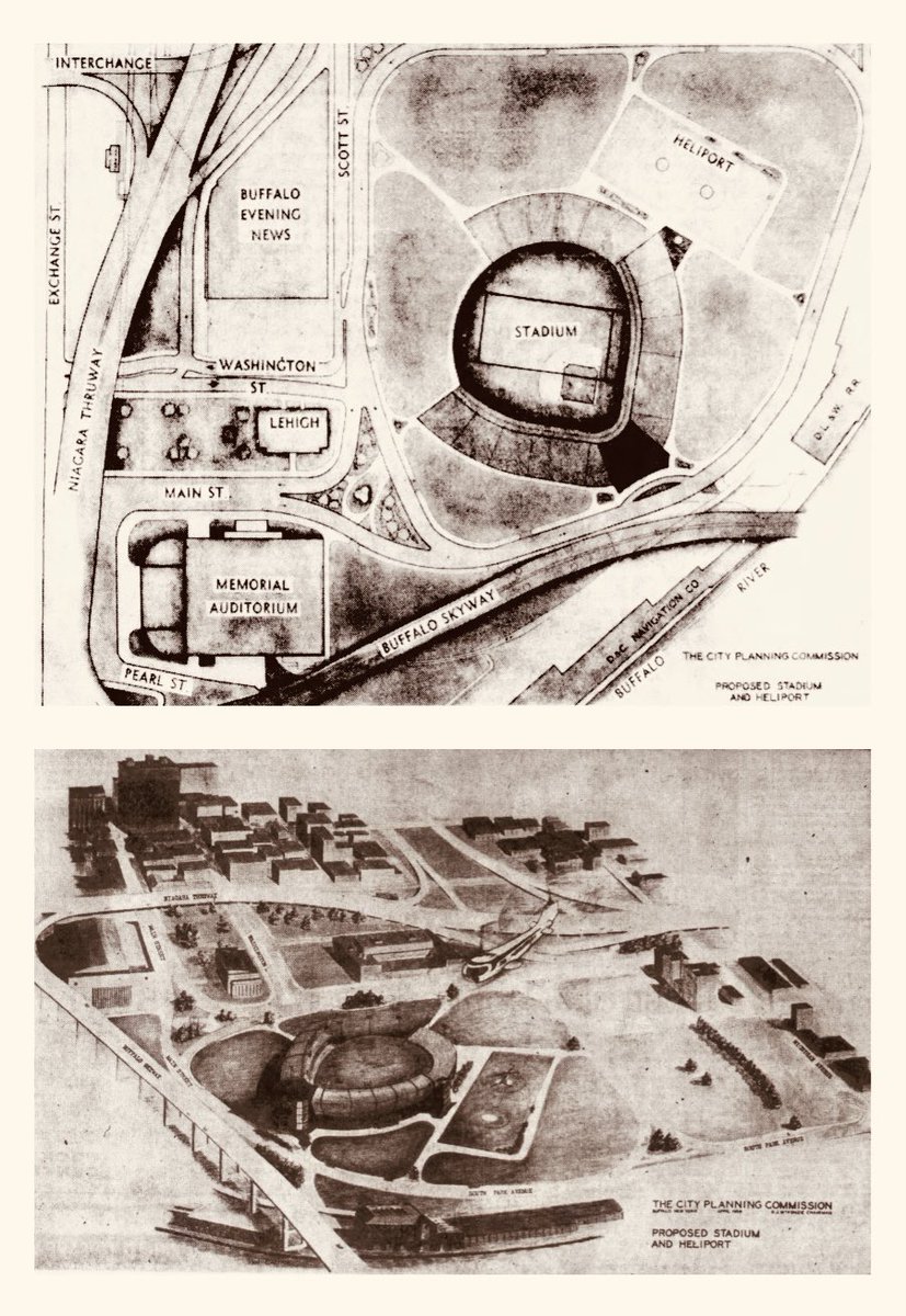 In 1958, #Buffalo studied building a 40,000-seat stadium downtown near the Memorial Auditorium, with a heliport and parking/road infrastructure. The idea was to create a downtown sports complex called Crossroads Center.