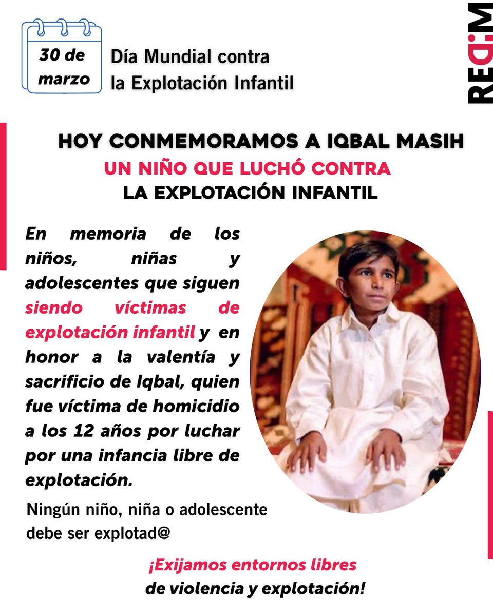derechoinfancia's tweet photo. ⭕🕊️ Hoy recordamos a Iqbal Masih, no solo por su historia, sino por lo que sigue pendiente. 💔

En México y el mundo, millones de niñas, niños y adolescentes aún enfrentan condiciones de explotación que vulneran sus derechos. ⚠️

La explotación infantil no siempre es visible, pero siempre deja huella.
Está en el trabajo forzado, en la trata, el reclutamiento y en espacios donde la infancia debería estar protegida.

👉 Prevenirla es posible si como sociedad dejamos de normalizarla.
👉 Detectarla implica informarnos y no guardar silencio.

Porque cada acción cuenta: desde visibilizar hasta denunciar. 📢

#InfanciaLibreDeExplotación #DerechosDeLaNiñez #NiñezPrimero 💛