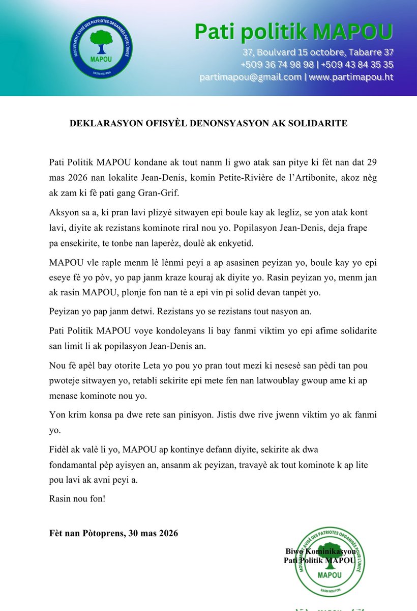 PartiMapou's tweet image. Pati Politik MAPOU reafime angajman li pou kanpe bò kote pèp Jean-Denis yo nan moman difisil sa a. Atak sa a, ki frape fanmi inosan, kraze lavi epi simen laperèz nan kominote a, se yon menas grav kont diyite ak sekirite nasyonal. 

#Mapou #jean_denis #ensekirite