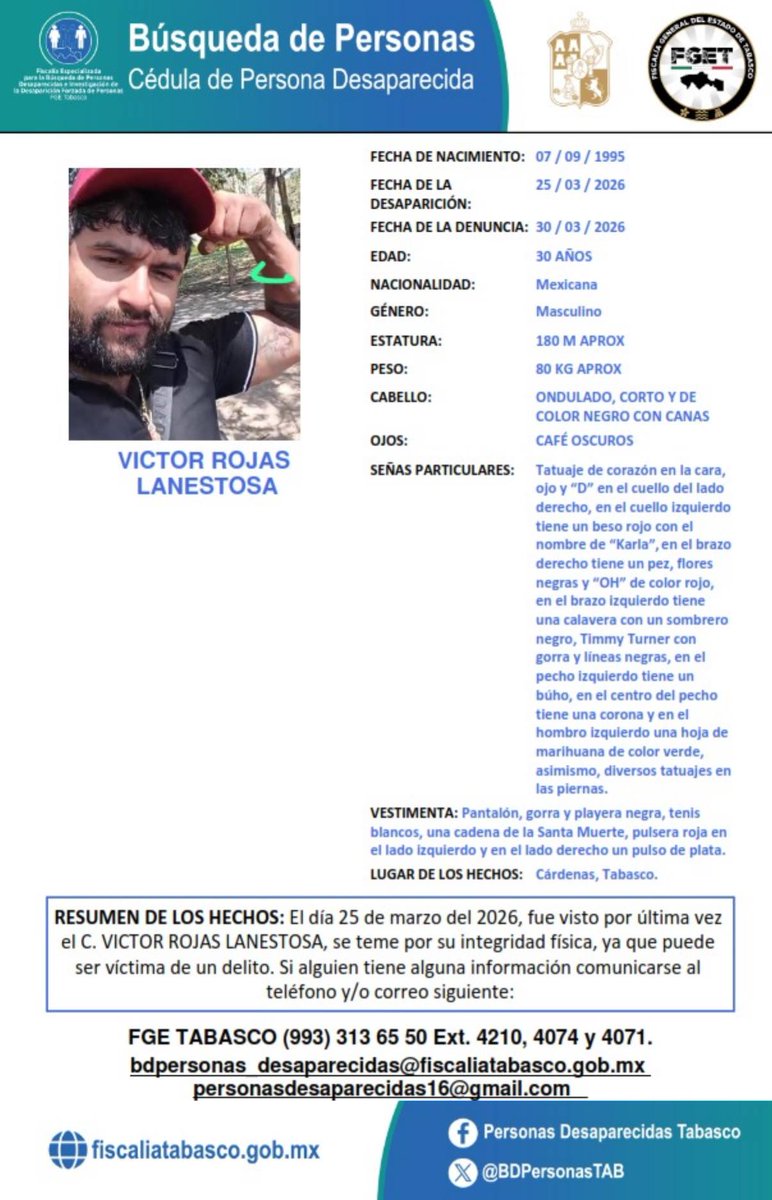 FGETabasco's tweet photo. #PersonaDesaparecida se activa cédula a favor de Víctor Rojas Lanestosa por hechos ocurridos en el municipio de Cárdenas. Cualquier información, favor de reportarla a los teléfonos y correos electrónicos en la cédula. #Tabasco #México https://t.co/LBpst5iFw8