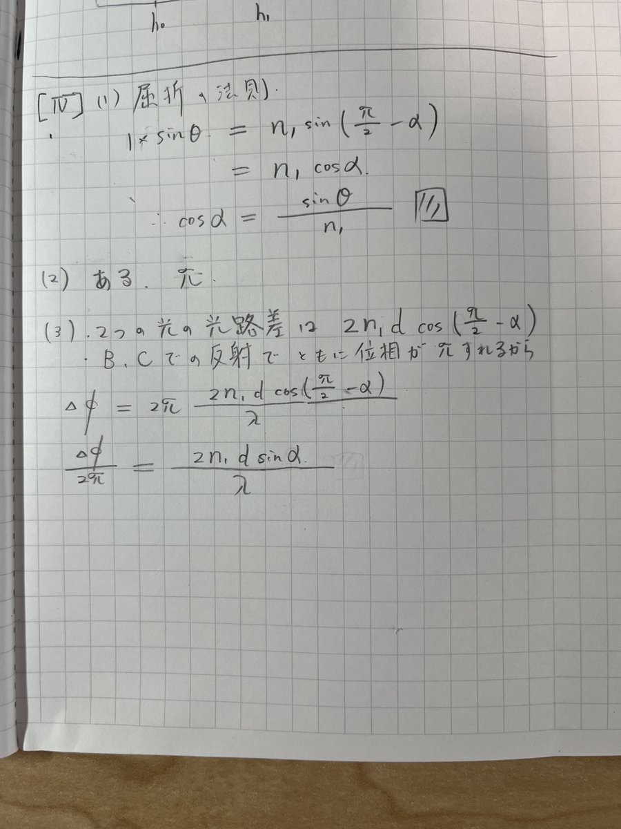 phys_meate's tweet photo. 2026年　広島大学　第4問　薄膜による光の干渉。
典型的な問題で易しい。ただし角度の取り方が教科書とは違っているので注意が要る。 https://t.co/tGElpAfC1b