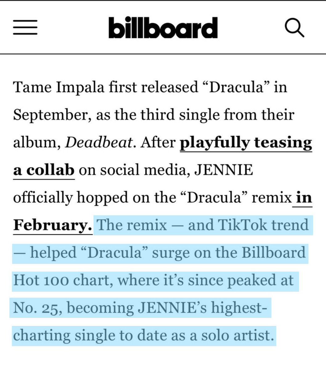 jenniescharts's tweet photo. According to Billboard, “Dracula” became JENNIE’s highest charting single on the Hot 100, but it’s still not properly credited on the official chart

BILLBOARD CREDIT JENNIE ON HOT 100
@billboard @billboardcharts @Jennie_HQ @tameimpala https://t.co/TPHKaGMMFH