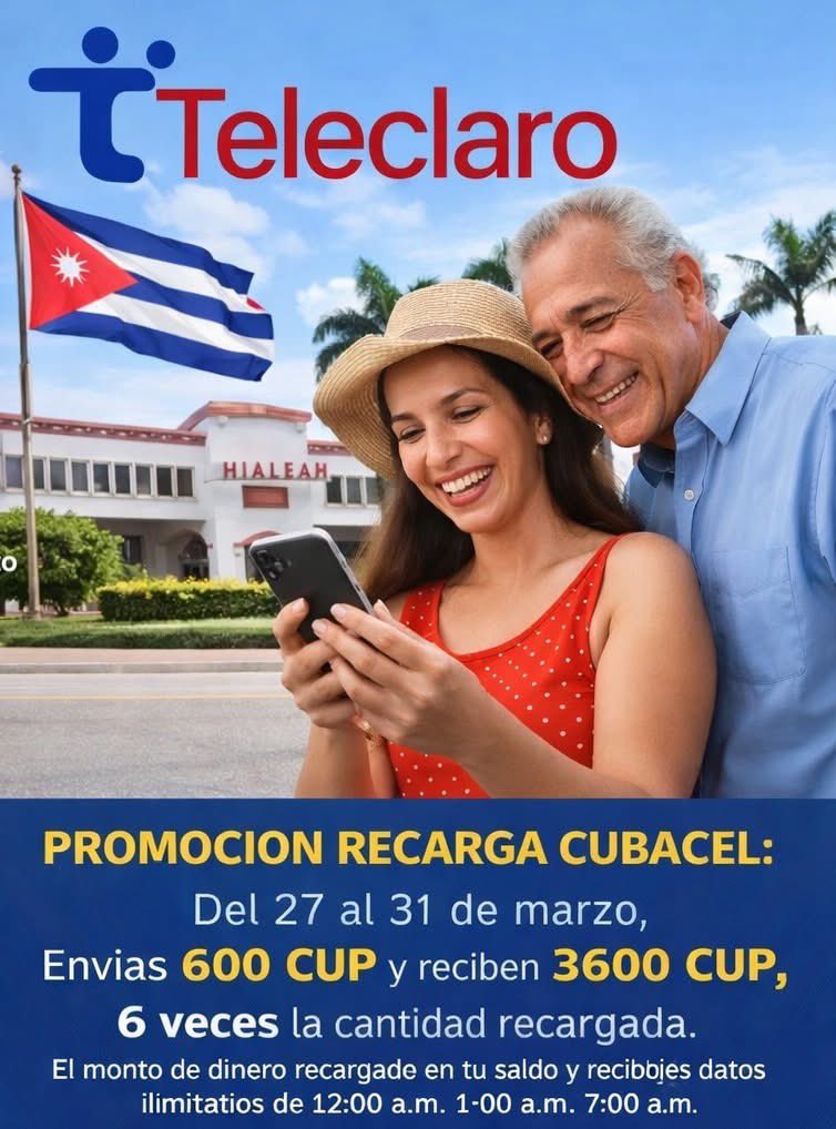 Teleclaro's tweet photo. PROMOCION RECARGA CUBACEL: Del 27 al 31 de marzo, Envias 600 CUP y reciben 3600 CUP, 6 veces la cantidad recargada y recibirás datos ilimitados de 12:00 a.m. 7:00 a.m. #Teleclaro #Recargasacuba #CubanosEnespana #CubanosEnMiami #Latinos https://t.co/hYswQJO3h6