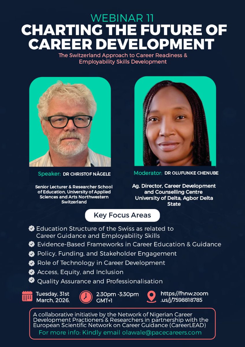 abolatunde's tweet photo. Exciting Webinar Alert!
We are thrilled to announce Webinar 11—Charting the Future of Career Development, which focuses on the Swiss approach to career readiness and employability skills development. https://t.co/nKOOL6OlHX  #CareerGuidanceNigeria #CareerCounsellingNigeria https://t.co/kaaSlnmG67