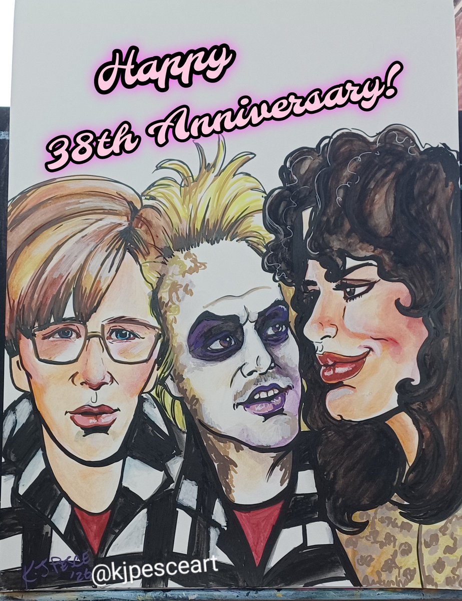 KjPesceart's tweet photo. Happy 38th Anniversary to "Beetlejuice!"
Getting closer to learning my new caricature style. Not quite generic "Disney", not quite TikTok "roast."

Suddenly, I want churros.

#threepeasinapod #art #caricature #happyAnniversary #Beetlejuice #AlecBaldwin #MichaelKeaton #GeenaDavis https://t.co/eUt8Bd3pLe