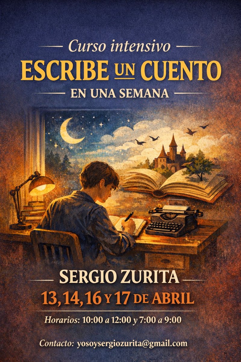 Daré un taller intensivo de escritura.

Es para escribir un cuento en una semana.

Empieza el 13 de abril.
Grupo pequeño.

Si te interesa, puedes escribirme.