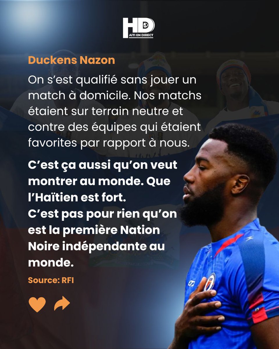 direct_Haiti's tweet photo. Dans une entrevue accordée à Radio France Internationale (RFI), l'attaquant haïtien, @nazon28 a abordé la présence d'Haïti à la Coupe du Monde 2026 et la possibilité qu'il devienne le meilleur buteur de la sélection haïtienne de football. @fhfhaiti https://t.co/qxtZTndzfH