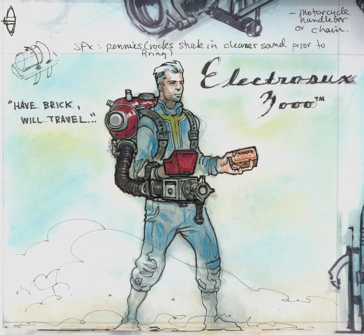 Fallout 3 Vault Dweller concept art created by Adam Adamowicz. The Vault Dweller is wearing a pack labeled as the "Electrosux 3000™"

#Fallout