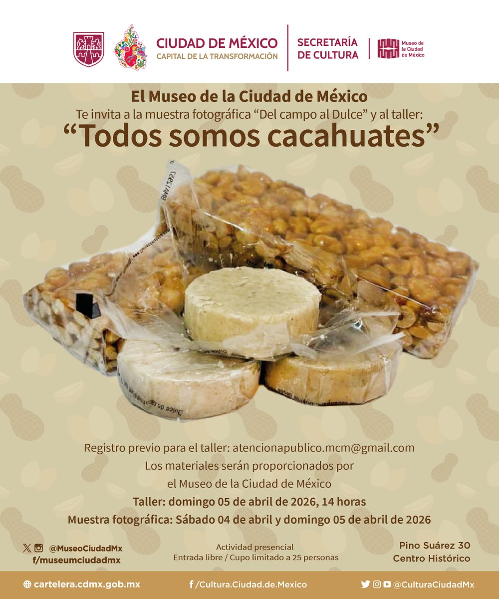 #Taller| ¿Alguna vez te has preguntado todo lo que hay detrás de un mazapán? Spoiler: es más difícil de lo que parece.
 Ven a conocer el proceso detrás en la muestra “Del campo al dulce” y a comprobarlo en nuestro taller “Todos somos cacahuates”.

✍️atencionapublico.mcm@gmail.com