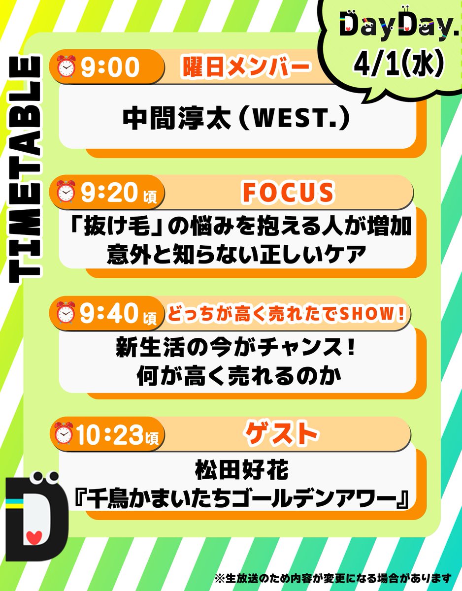 4/1(水)の #DayDay.／ ◇曜日メンバー🌱 🌈中間淳太（#WEST