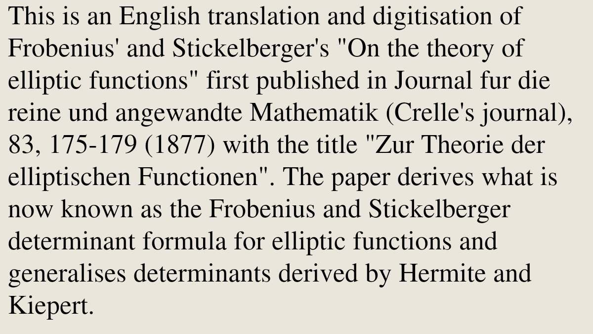 HistoryOverview's tweet photo. English translation of Frobenius' and Stickelberger's "On the theory of elliptic functions"

Ferdinand Georg Frobenius (translation by Kyrylo Khazanzheiev, Graham Hesketh), …
https://t.co/Pu31kwpxZM [𝚖𝚊𝚝𝚑.𝙷𝙾 𝚖𝚊𝚝𝚑.𝙽𝚃 𝚗𝚕𝚒𝚗.𝚂𝙸] https://t.co/dvXPWOaRaW