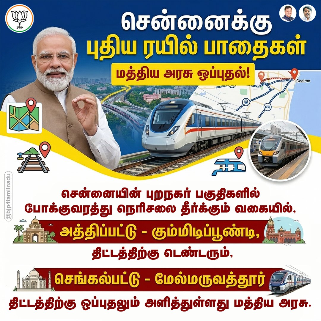 BJP4TamilNadu's tweet photo. சென்னை புறநகர் மக்களின் நீண்ட காலப் பிரச்சனையான போக்குவரத்து நெரிசலுக்கு நிரந்தர தீர்வு காண, புதிய ரயில் பாதைகள் அமைக்க ஒப்புதல் அளித்து பணிகளையும் முடுக்கி விட்டுள்ளது மத்திய அரசு..! https://t.co/tuw8fBzN5f