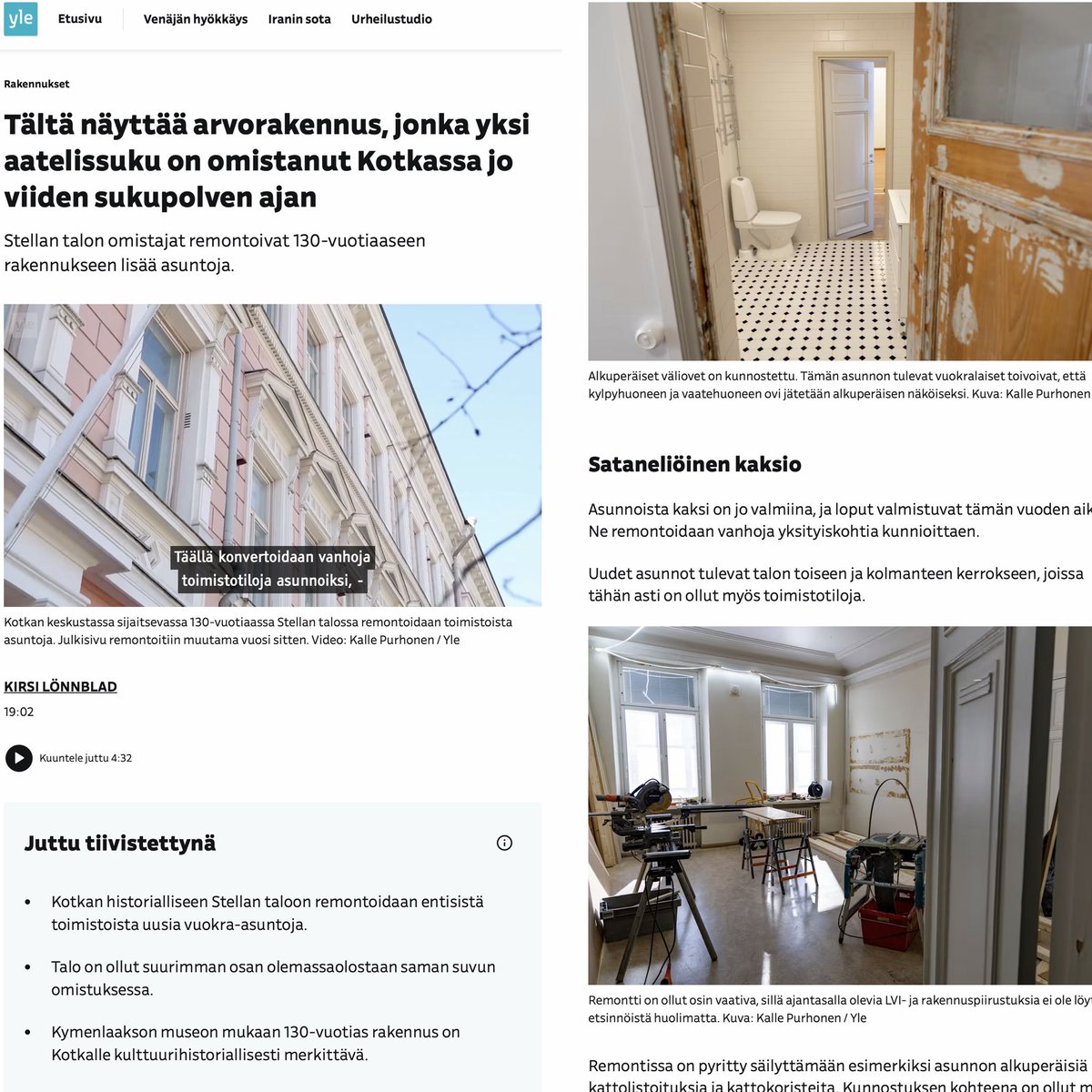 🤩 Stellan talo esillä Ylellä!

”Tältä näyttää arvorakennus, jonka yksi aatelissuku on omistanut Kotkassa jo viiden sukupolven ajan”. Historialliseen arvorakennukseen rakennetaan asuntoja entisistä toimistotiloista.

Artikkeli löytyy Ylen sivustolta: yle.fi/a/74-20217057