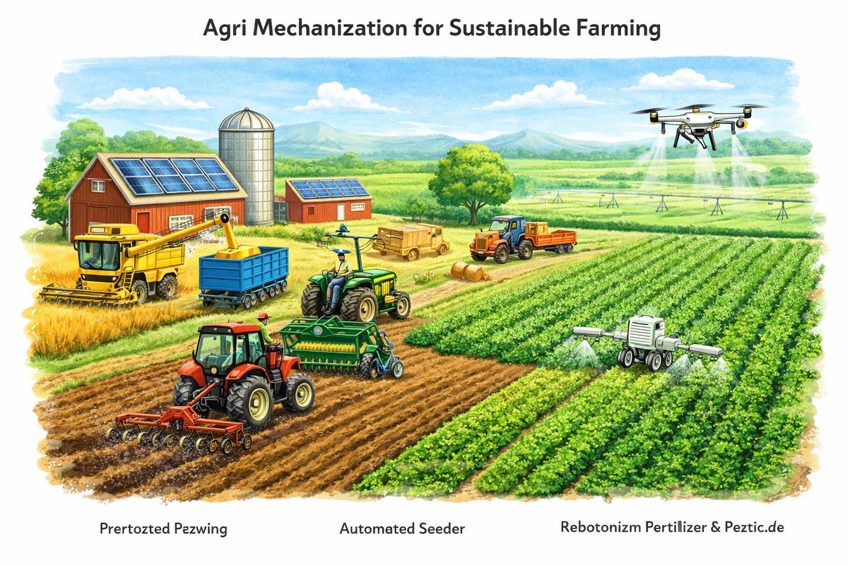 Cedrick21310's tweet photo. Agri mechanization = sustainable farming!
From precision plowing & automated seeding to robotic fertilizer & pesticide spray + drone tech.
Drone spraying & solar‑powered barns boost efficiency & green farming 🌱 #AgriTech #SustainableFarming #SmartAgri https://t.co/vwUgjFGsSc