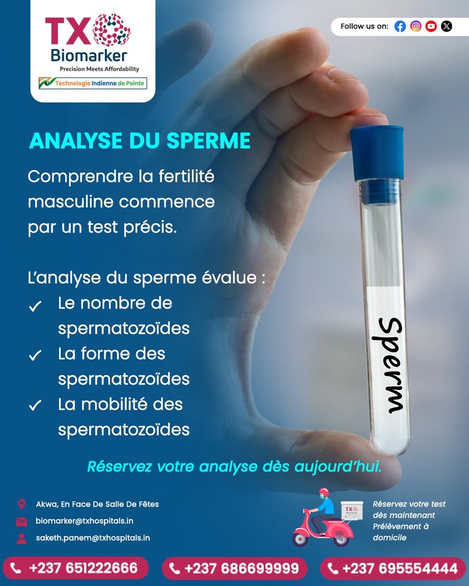 TxBiomarker's tweet photo. La fertilité masculine compte.
✔️ Analyse du sperme = diagnostic précis

📍 Akwa, En face de Salle de Fêtes
📧 biomarker@txhospitals.in | saketh.panem@txhospitals.in
📞 +237 651222666 | +237 686699999 | +237 695554444
#Fertilité #SantéMasculine #Prévention https://t.co/B5zFVBKTX9