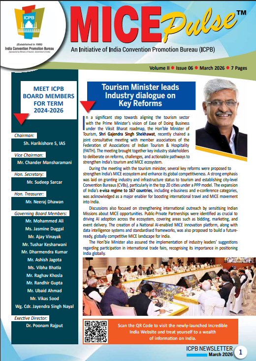info_icpb's tweet photo. The March 2026 edition of ICPB’s MICE Pulse is now out!

Read the latest edition and stay updated on the future of India’s meetings, incentives, conferences and exhibitions sector.

https://t.co/pbqBJuPoW8

#ICPB #MICEPulse #ICPBNewsletter #MICEIndia #TourismIndia https://t.co/wcNCxllTTB