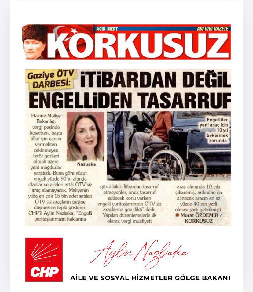 AylinNazliaka's tweet photo. İtibardan tasarruf etmeyenler, engelli yurttaşlarımızın ÖTV’siz araçlarına göz dikti.

Sosyal devlet ilkesi hiçe sayılamaz!

Engelli haklarından tasarruf edilemez! https://t.co/9OAvhOSd1N