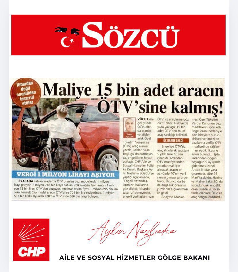 AylinNazliaka's tweet photo. İtibardan tasarruf etmeyenler, engelli yurttaşlarımızın ÖTV’siz araçlarına göz dikti.

Sosyal devlet ilkesi hiçe sayılamaz!

Engelli haklarından tasarruf edilemez! https://t.co/9OAvhOSd1N