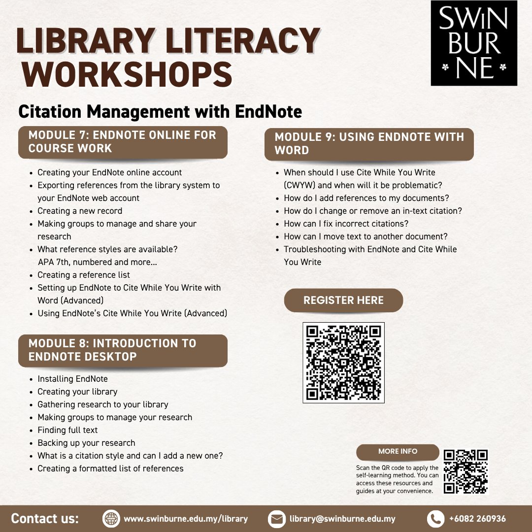swinsarawaklib's tweet image. [April Library Literacy Workshops Schedule]
Feeling overwhelmed with your assignments and research? You are not alone, and the library is ready to support you! 
📷 Register at: forms.office.com/r/FE4bSzvsLM
#swinburnesarawaklibrary
#swinburnesarawak
#Swinburne
#libraryliteracyworkshop