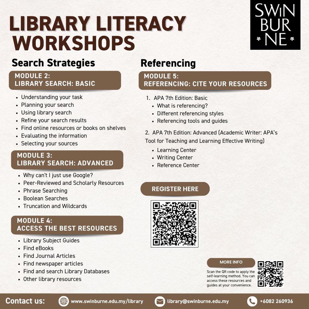 swinsarawaklib's tweet image. [April Library Literacy Workshops Schedule]
Feeling overwhelmed with your assignments and research? You are not alone, and the library is ready to support you! 
📷 Register at: forms.office.com/r/FE4bSzvsLM
#swinburnesarawaklibrary
#swinburnesarawak
#Swinburne
#libraryliteracyworkshop